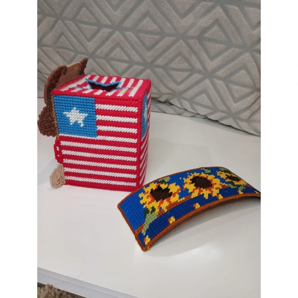 Handmade Needlepoint Plastic Canvas Tissue Box Cover - Patriotic Dog & Sunflower